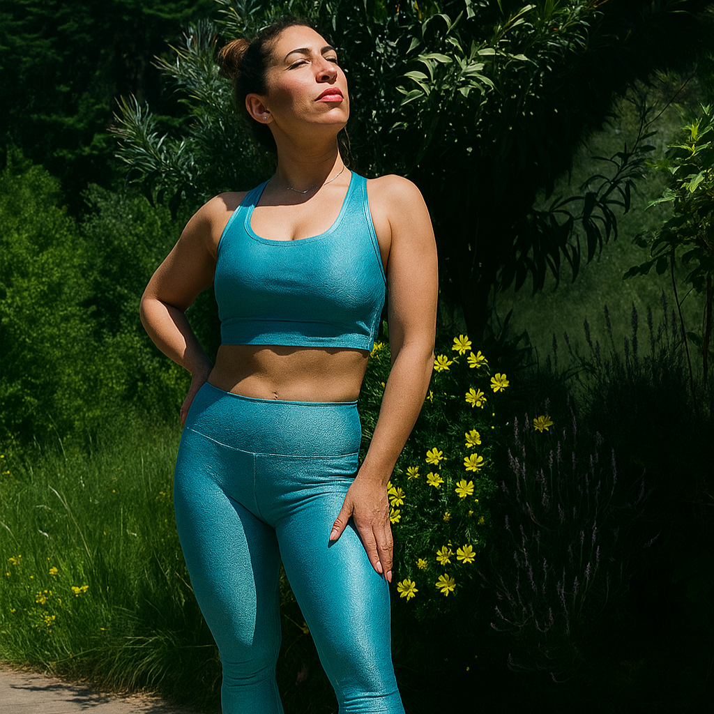 Modelo luciendo conjunto deportivo Mandala color calipso en ambiente natural, ideal para realzar la figura con diseño brasileño exclusivo de Impulsa Boutique.