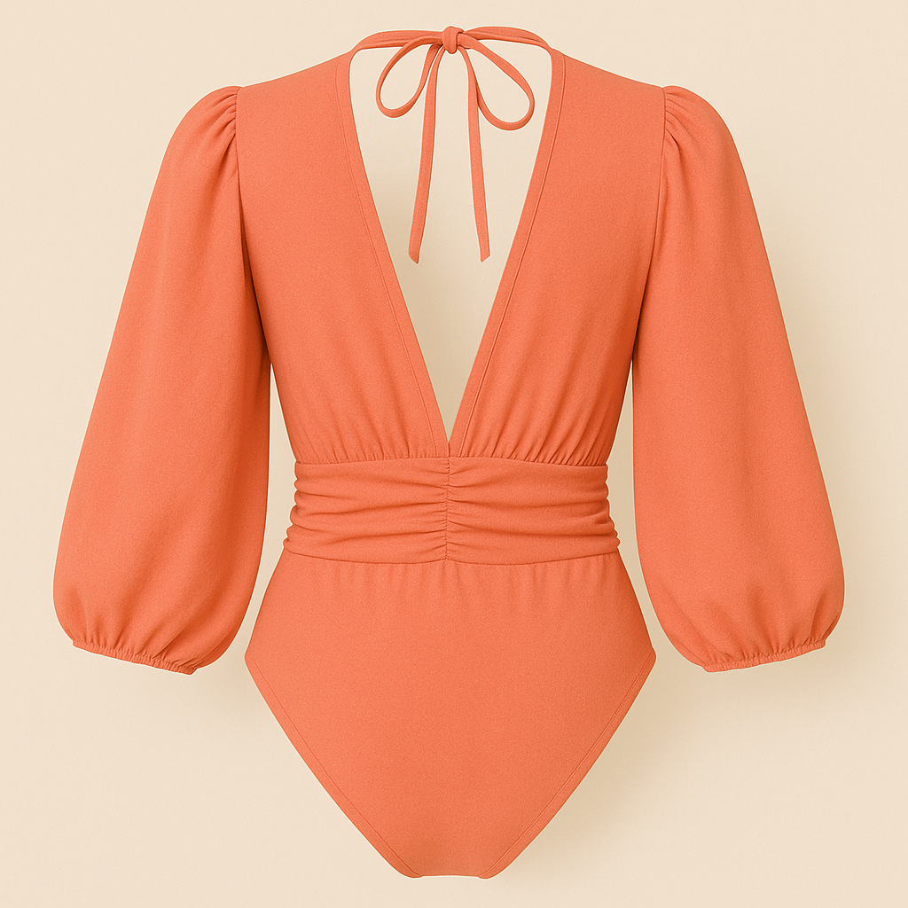 Body manga larga color coral con escote profundo en la espalda y amarre al cuello, diseño elegante con cintura fruncida y mangas abullonadas.