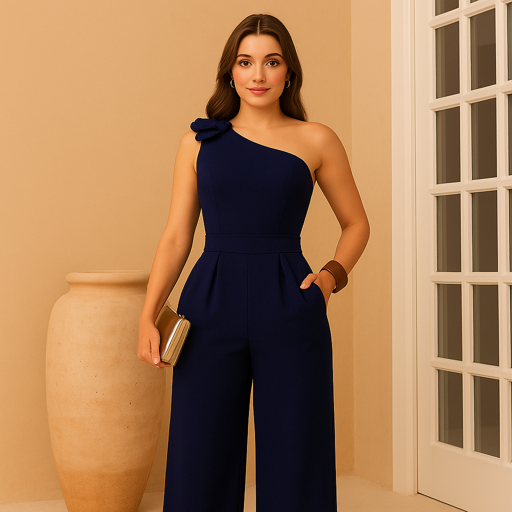 Mujer posando con enterito azul oscuro de un hombro y lazo decorativo, estilo elegante ideal para ocasiones especiales.