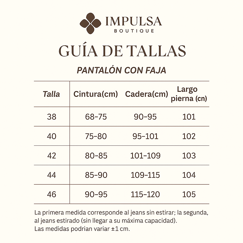 Guía de tallas para pantalón con faja de Impulsa Boutique, incluye medidas de cintura, cadera y largo de pierna en centímetros para tallas 38 a 46. Tabla de medidas exactas para clientes.