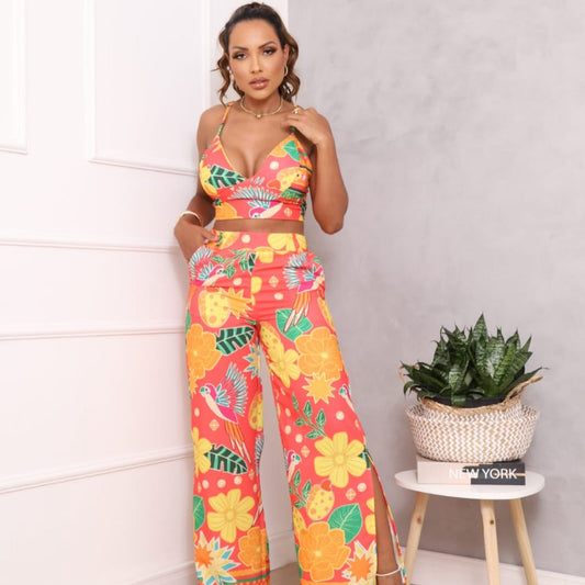 Modelo luciendo el conjunto completo, conjunto brasileño de 2 piezas estampadas.
